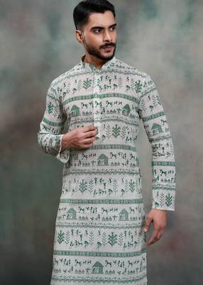 green tribal print khadi moubani kurta pajama set 4