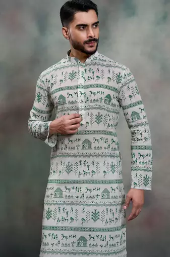green tribal print khadi moubani kurta pajama set