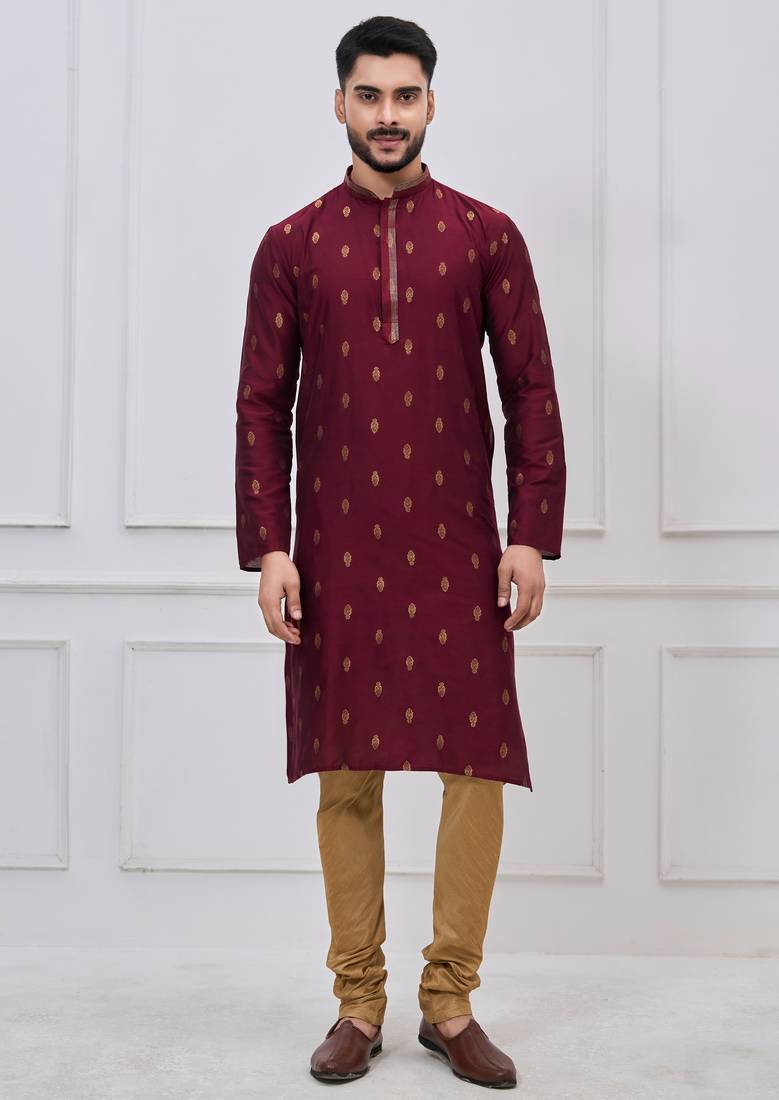 Maroon silk premium designer festive wear kurta pyjama set