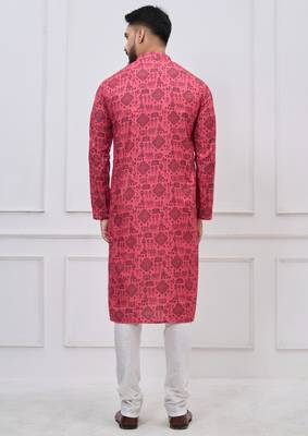 coral pink ethnic print cotton kurta pajama set for men 5