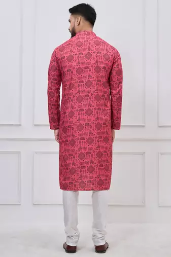 coral pink ethnic print cotton kurta pajama set for men