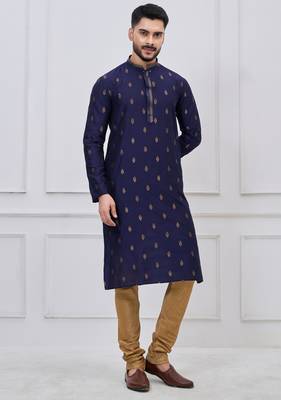 navy blue woven motif silk blend kurta pajama set 1