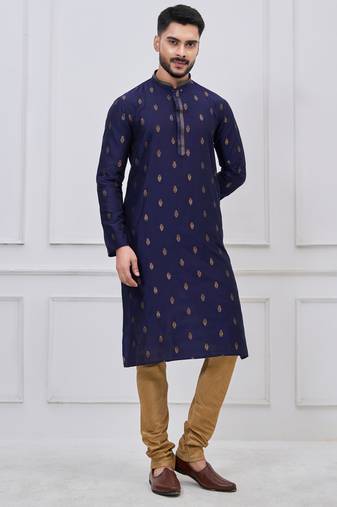 Navy blue silk premium designer festive wear kurta pyjama set