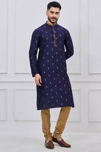 Navy blue silk premium designer festive wear kurta pyjama set