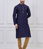 Navy blue silk premium designer festive wear kurta pyjama set