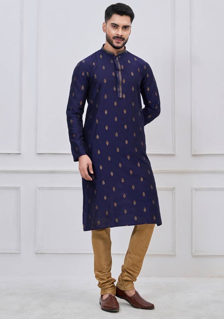 Navy blue silk premium designer festive wear kurta pyjama set