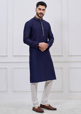 navy blue sequin dotted silk blend kurta pajama set 2