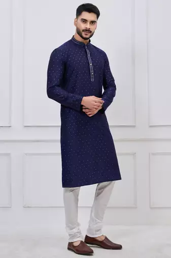 navy blue sequin dotted silk blend kurta pajama set