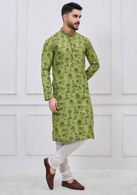 olive green printed cotton kurta pajama set for men 2