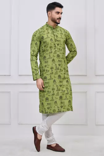 olive green printed cotton kurta pajama set for men
