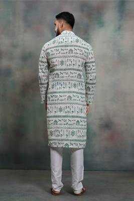 green tribal print khadi moubani kurta pajama set 5