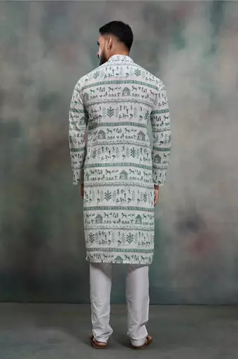 green tribal print khadi moubani kurta pajama set