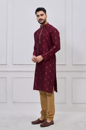 maroon woven motif silk blend kurta pajama set