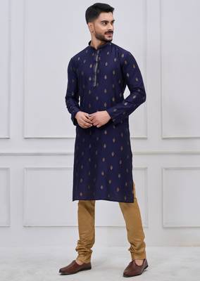 navy blue woven motif silk blend kurta pajama set 2