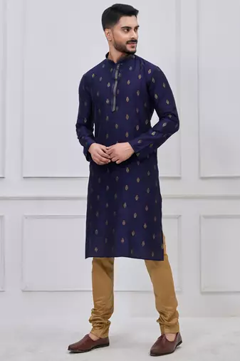 navy blue woven motif silk blend kurta pajama set
