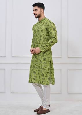 olive green printed cotton kurta pajama set for men 3