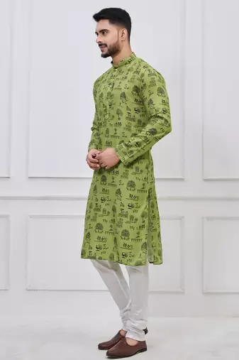 olive green printed cotton kurta pajama set for men