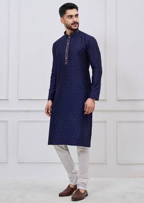 navy blue sequin dotted silk blend kurta pajama set 3