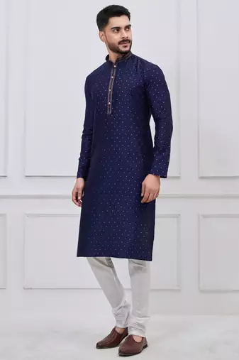 navy blue sequin dotted silk blend kurta pajama set