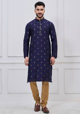 navy blue woven motif silk blend kurta pajama set 3