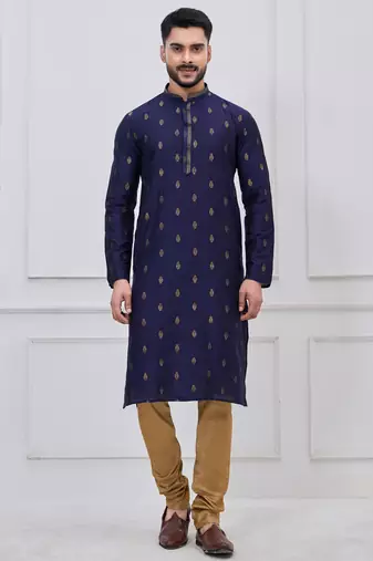 navy blue woven motif silk blend kurta pajama set