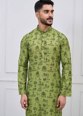olive green printed cotton kurta pajama set for men 4