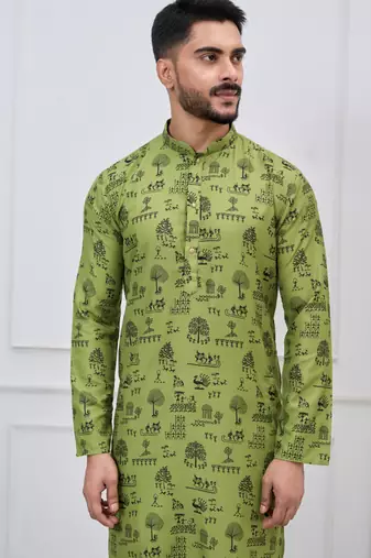 olive green printed cotton kurta pajama set for men