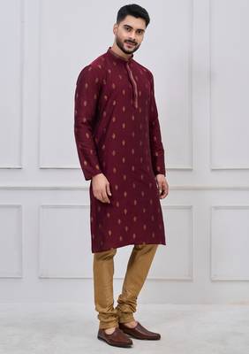maroon woven motif silk blend kurta pajama set 3