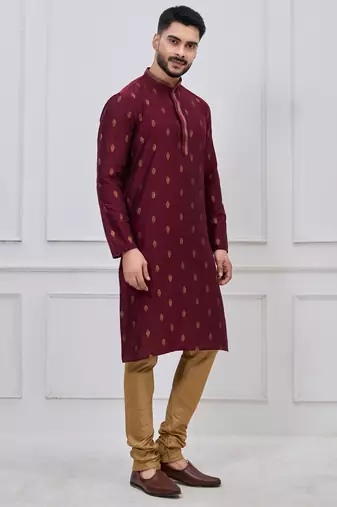 maroon woven motif silk blend kurta pajama set