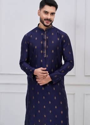 navy blue woven motif silk blend kurta pajama set 4