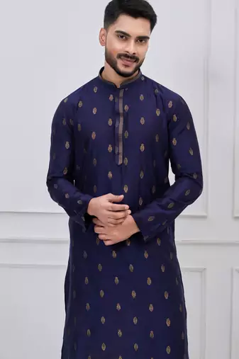 navy blue woven motif silk blend kurta pajama set