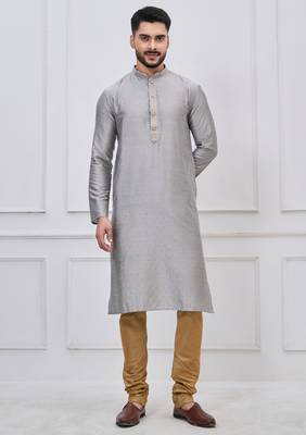 silver grey silk blend festive kurta pajama set for men 1