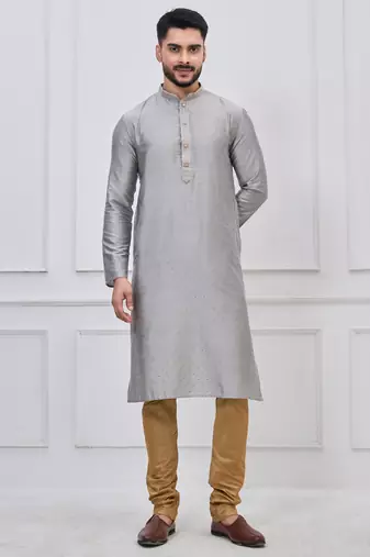 Grey silk premium designer festive wear kurta pyjama set