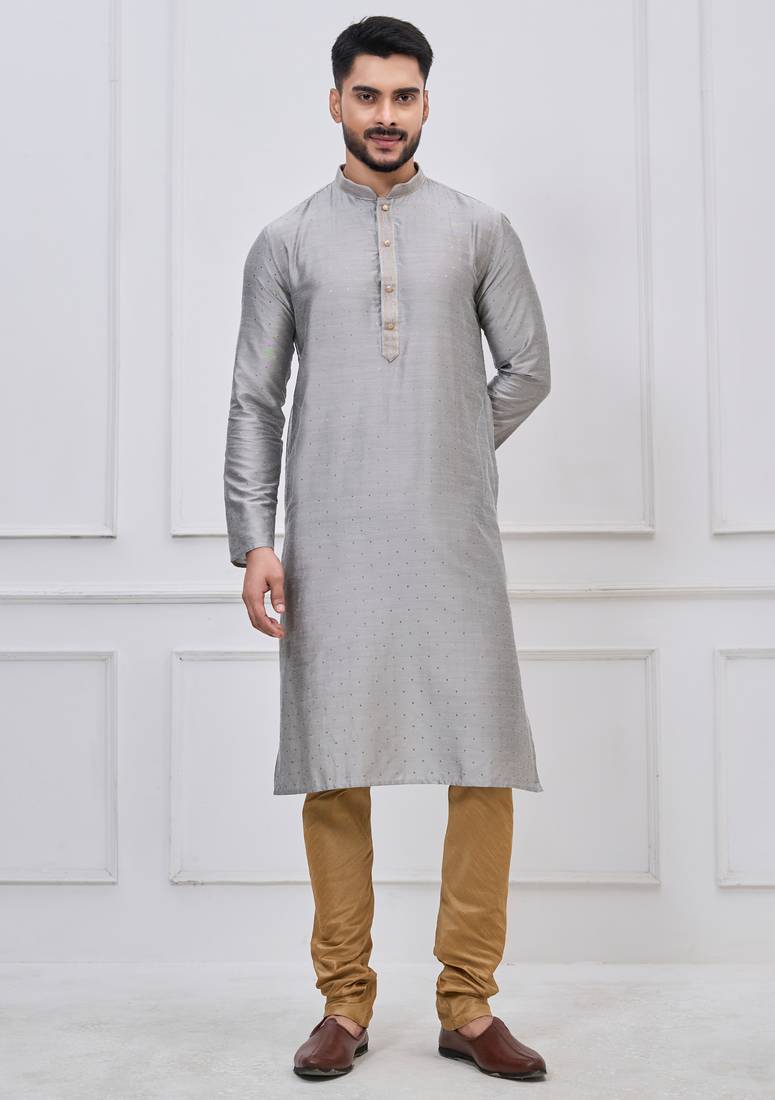 Grey silk premium designer festive wear kurta pyjama set