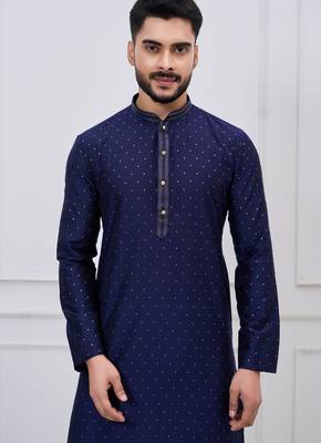 navy blue sequin dotted silk blend kurta pajama set 4