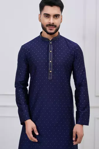 navy blue sequin dotted silk blend kurta pajama set