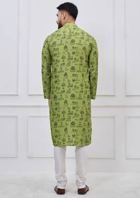 olive green printed cotton kurta pajama set for men 5