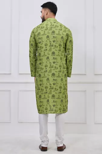 olive green printed cotton kurta pajama set for men
