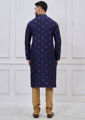 navy blue woven motif silk blend kurta pajama set 5