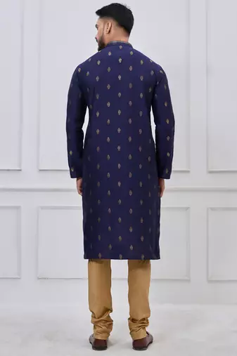 navy blue woven motif silk blend kurta pajama set