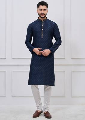 navy blue embellished silk blend kurta pajama set for men 1