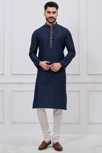 Navy blue silk premium designer festive wear kurta pyjama set