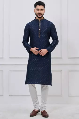 Navy blue silk premium designer festive wear kurta pyjama set