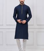 Navy blue silk premium designer festive wear kurta pyjama set
