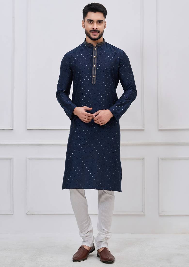 Navy blue silk premium designer festive wear kurta pyjama set