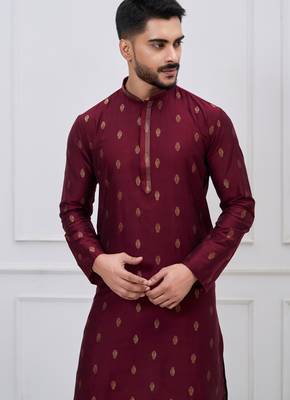 maroon woven motif silk blend kurta pajama set 4
