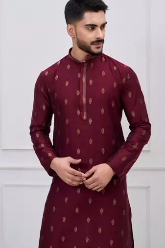 maroon woven motif silk blend kurta pajama set