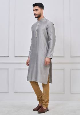 silver grey silk blend festive kurta pajama set for men 2