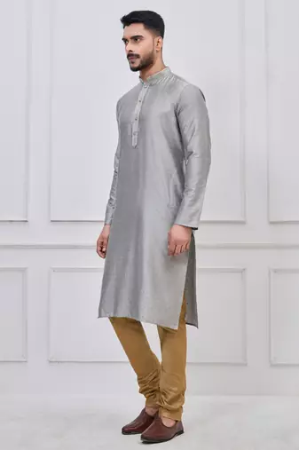 silver grey silk blend festive kurta pajama set for men