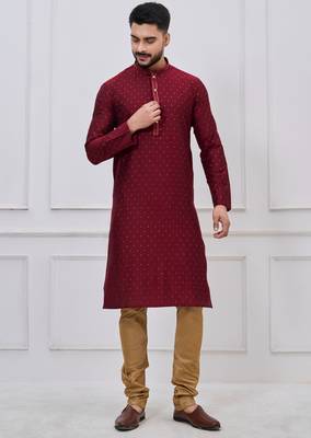 maroon embellished silk blend kurta pajama set for men 1